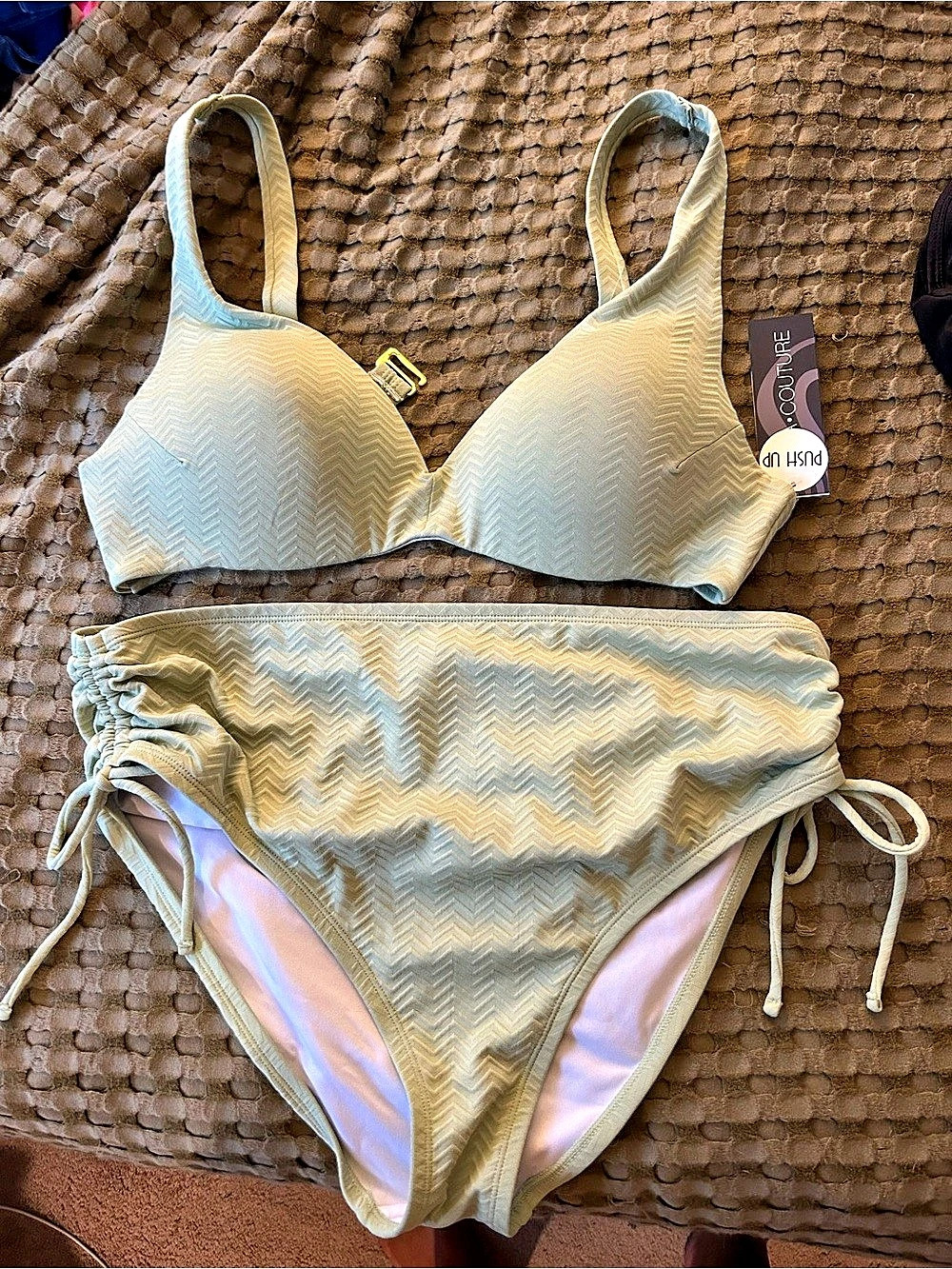 Bikini.com Two-Piece Textured Bikini in Green & Pink NWT